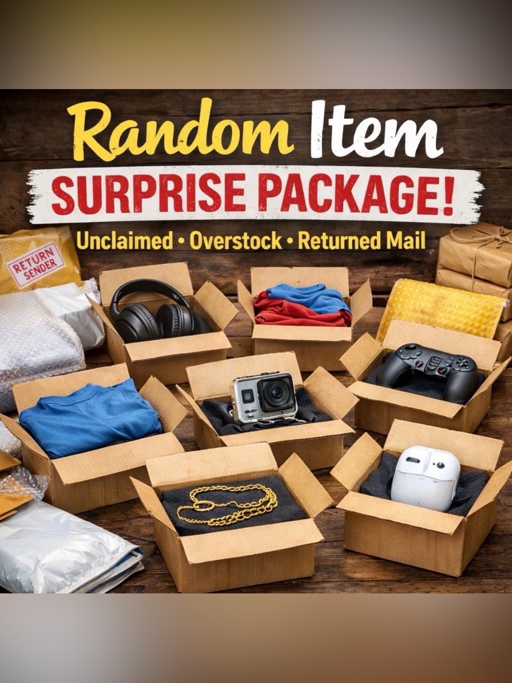5 (FIVE) Surprise Unclaimed Mailbox Packages -